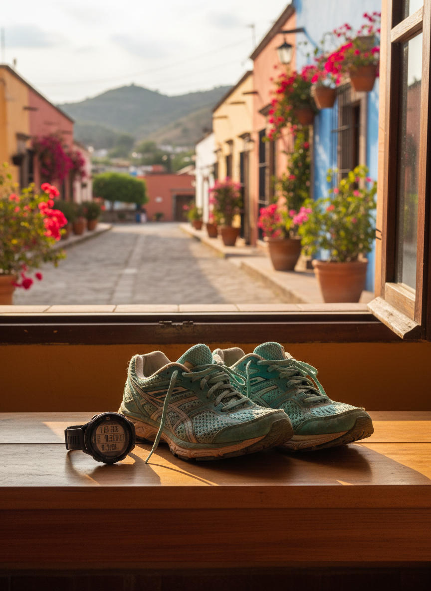 A pair of well-worn turquoise running shoes with tiny dust marks from dry trails, resting neatly beside a slim GPS running watch on a smooth wooden bench. Behind them, a large window opens onto a colorful Mexican colonial street with bright ochre and terracotta facades, potted bougainvillea, and distant low hills slightly blurred. Late afternoon sunlight pours in, casting warm, elongated shadows and subtle highlights on the shoe mesh and laces. Photographic realism, eye-level composition with shallow depth of field, emphasizing the contrast between focused running gear and softly bokeh background. The mood is calm, reflective, and professional, suggesting a thoughtful record of daily life and training in Mexico.