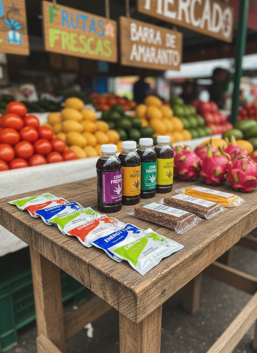 A rustic wooden table in an open-air Mexican market stall, holding a neatly aligned set of energy gels, chia-based drinks, and local snacks like amaranth bars and dried mango in clear packets, all prepared for a long run. In the softly blurred background, piles of colorful fruits and hand-painted signs in Spanish hint at the bustling mercado. Diffused overcast daylight from above creates soft, shadowless illumination, bringing out the natural textures of wood, paper, and fruit skins. Photographic realism, eye-level composition with moderate depth of field to keep the table sharp and the market environment gently recognizable. The feeling is practical and exploratory, highlighting the fusion of local Mexican foods with professional endurance running nutrition.