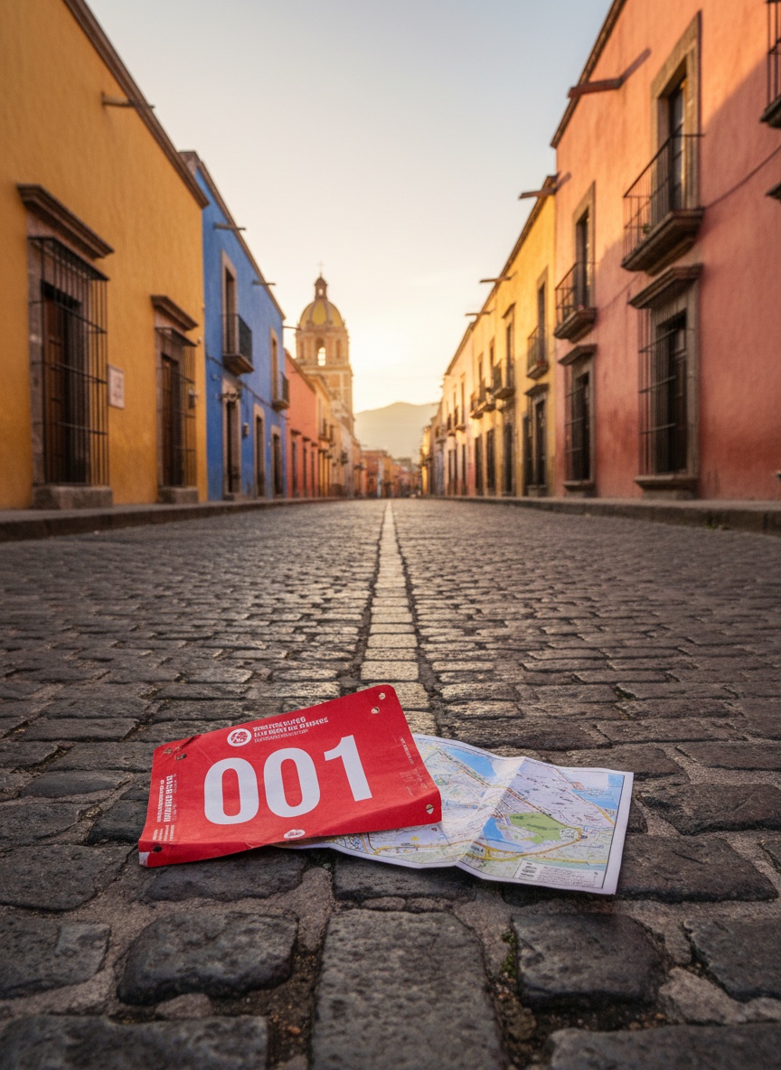 A narrow cobblestone street in a historic Mexican town at sunrise, completely empty, with colorful colonial houses in mustard yellow, cobalt blue, and coral pink lining both sides. On the ground in the foreground, a single bright red race bib and a folded course map rest on the stone, edges slightly curled from use. Soft golden morning light grazes the textured walls and cobblestones, creating long gentle shadows and glints on distant church domes. Photographic realism, low-angle perspective focused on the race bib, with the street receding into a softly blurred background. The mood is anticipatory and serene, blending the charm of travel with the disciplined world of road racing.