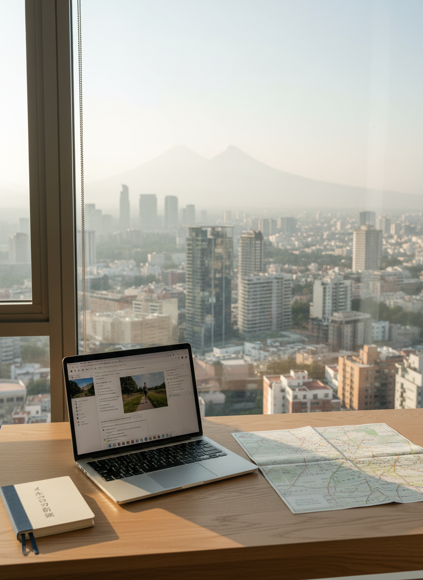 A clean wooden desk in a minimalist apartment overlooking Mexico City’s skyline, with a slim laptop open to a blog editor, a small notebook labeled in Japanese, and a map of Mexico partially unfolded beside it. Outside the wide glass window, distant volcano silhouettes and clusters of modern high-rises are softly out of focus. Early morning, slightly hazy sunlight filters through, creating a gentle glow on the desk’s smooth grain and subtle reflections on the laptop surface. Photographic realism, shot from a slightly elevated angle with rule-of-thirds composition. The atmosphere is organized, professional, and quietly inspiring, conveying the disciplined routine of documenting Mexican life and running experiences.