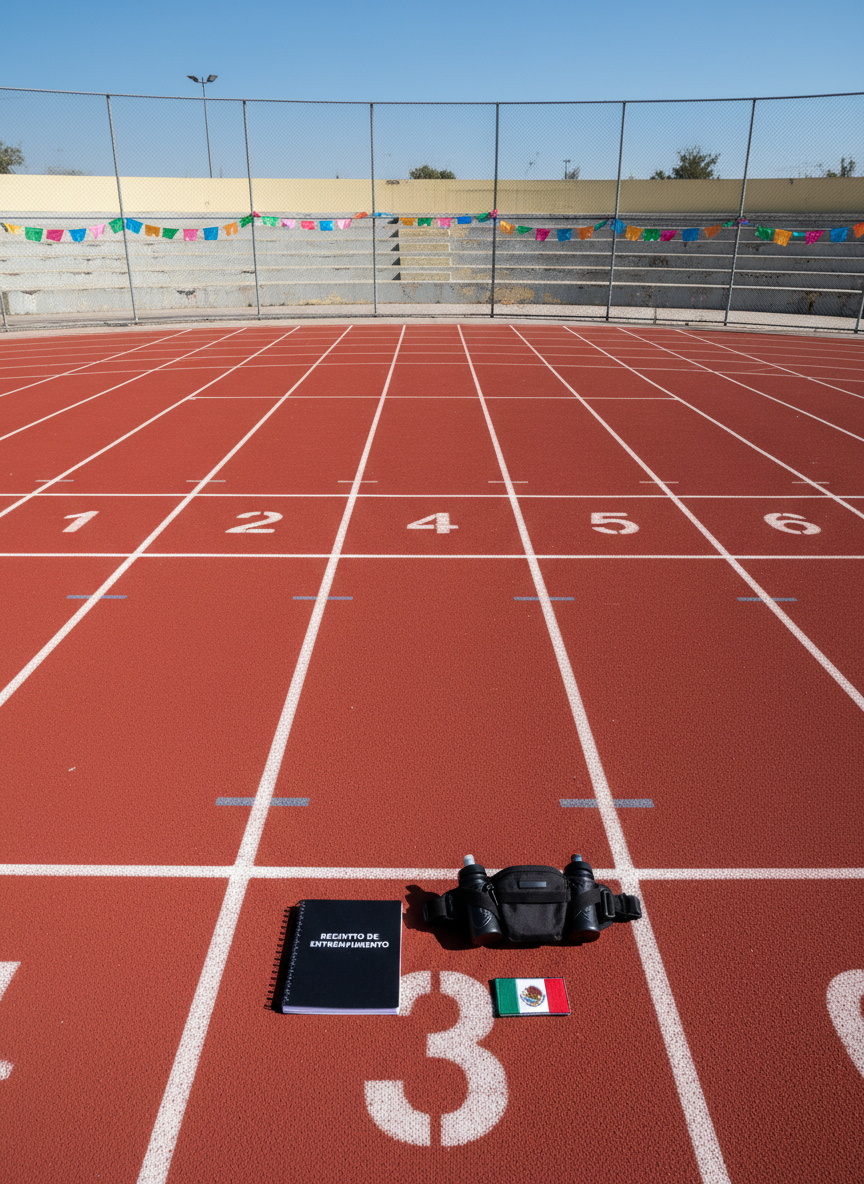 A smooth red tartan running track in a modest Mexican stadium, its lanes numbered in crisp white, with small papel picado flags strung along the distant fence adding subtle festive color. In the foreground, a meticulously arranged flat lay of a running logbook, sleek hydration belt, and a tiny Mexican flag patch sits on the textured track surface. Overhead, clear blue sky floods the scene with bright, even midday light, creating sharp, clean shadows and vivid colors. Photographic realism, captured from directly above for a graphic, organized composition. The mood is focused and professional yet cheerful, emphasizing structured training within a distinctly Mexican setting.
